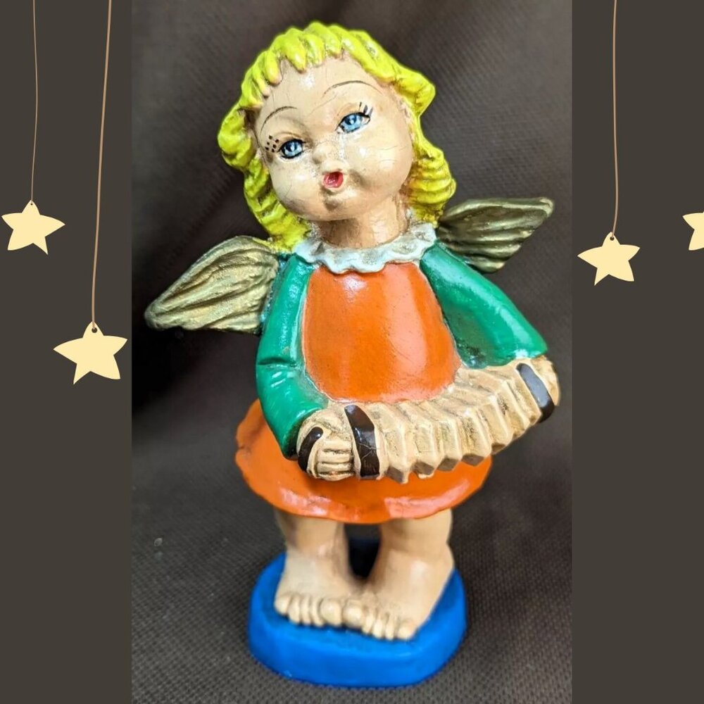 Vintage Christmas Chalkware Italy Angel with Accordion Barefoot Orange Green
